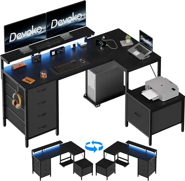 L-förm Schreibtisch mit 2 Steckdosen & 2 USB-Anschlüssen